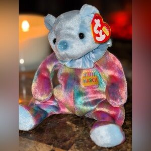 🎉 TY Birthday Beanie Baby March Bear Aquamarine Rainbow Sparkle Plush